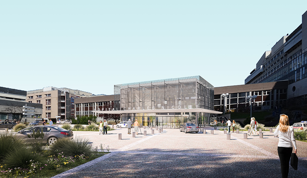 Vue du hall pendant la période de transition du bâtiment central de mai 2019 à l’été 2021, avant la restructuration. Cette phase intermédiaire permet d’assurer un accueil de bien meilleure qualité avant les travaux d’envergure.