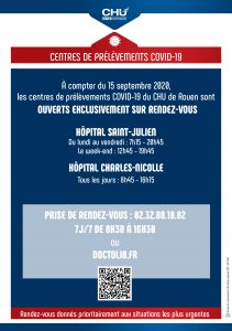 Affiche horaires du centre de prélèvements COVID - 16/09/2020