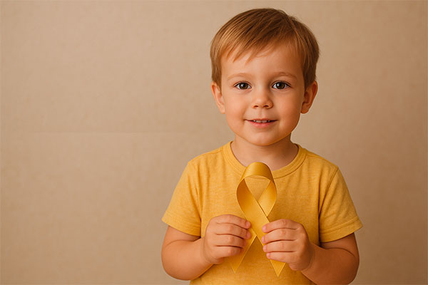 Petite garçon avec un ruban en or pour septembre en or, cancer de l'enfant