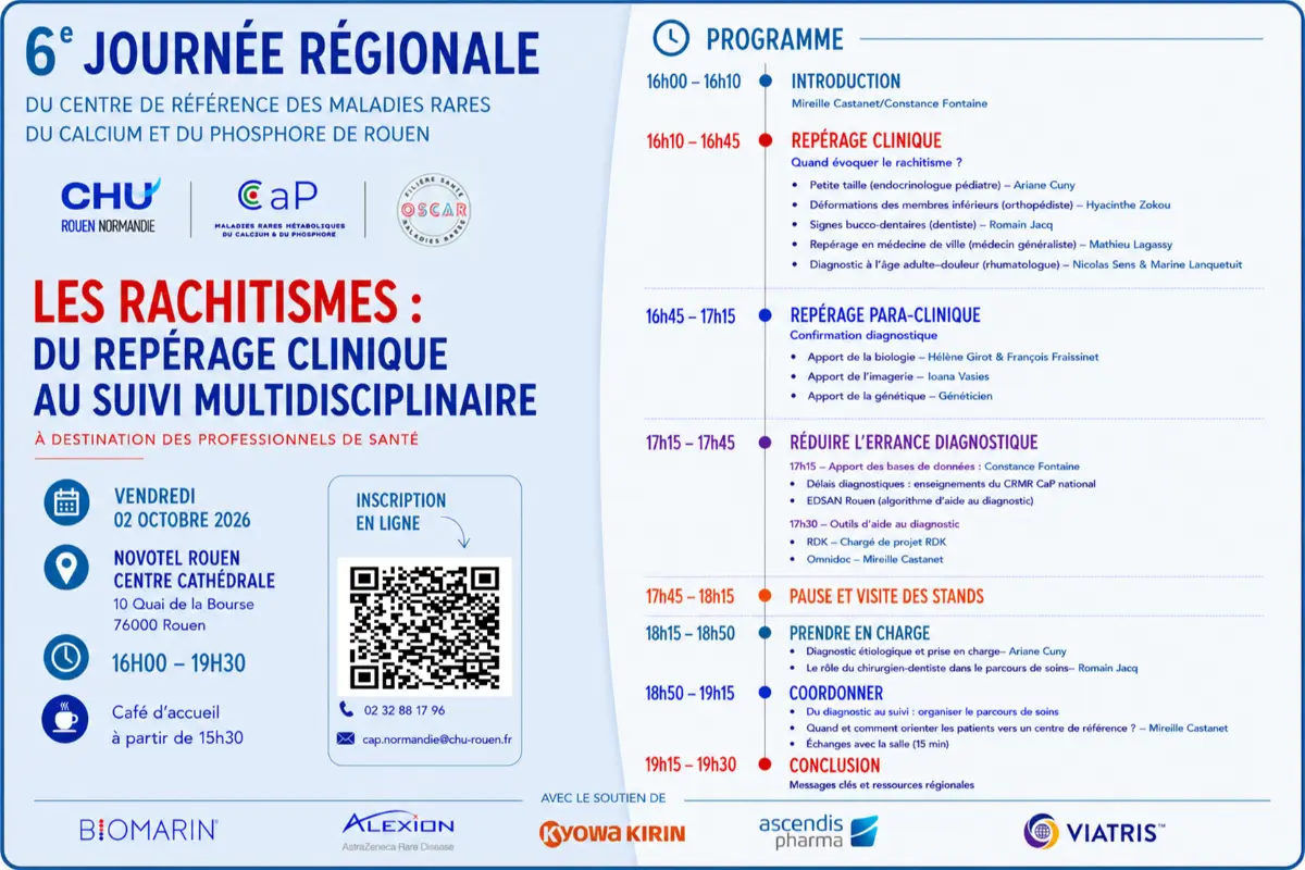 Affiche de la 6ᵉ journée régionale du CRMR Calcium et Phosphore de Rouen, vendredi 2 octobre 2026 de 16h à 19h30 au Novotel Rouen Centre Cathédrale. Programme détaillé et informations d'inscription repris dans le texte de l'article